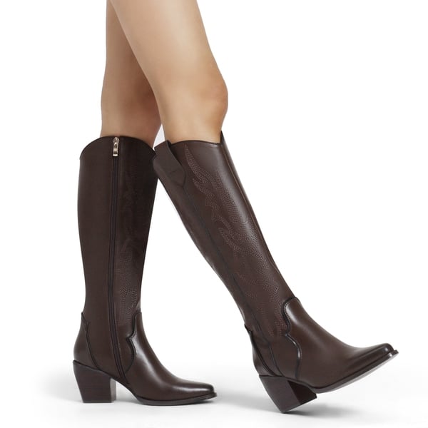 Dallas Embroidered Western Cowboy Knee High Boots - BROWN PU - 1